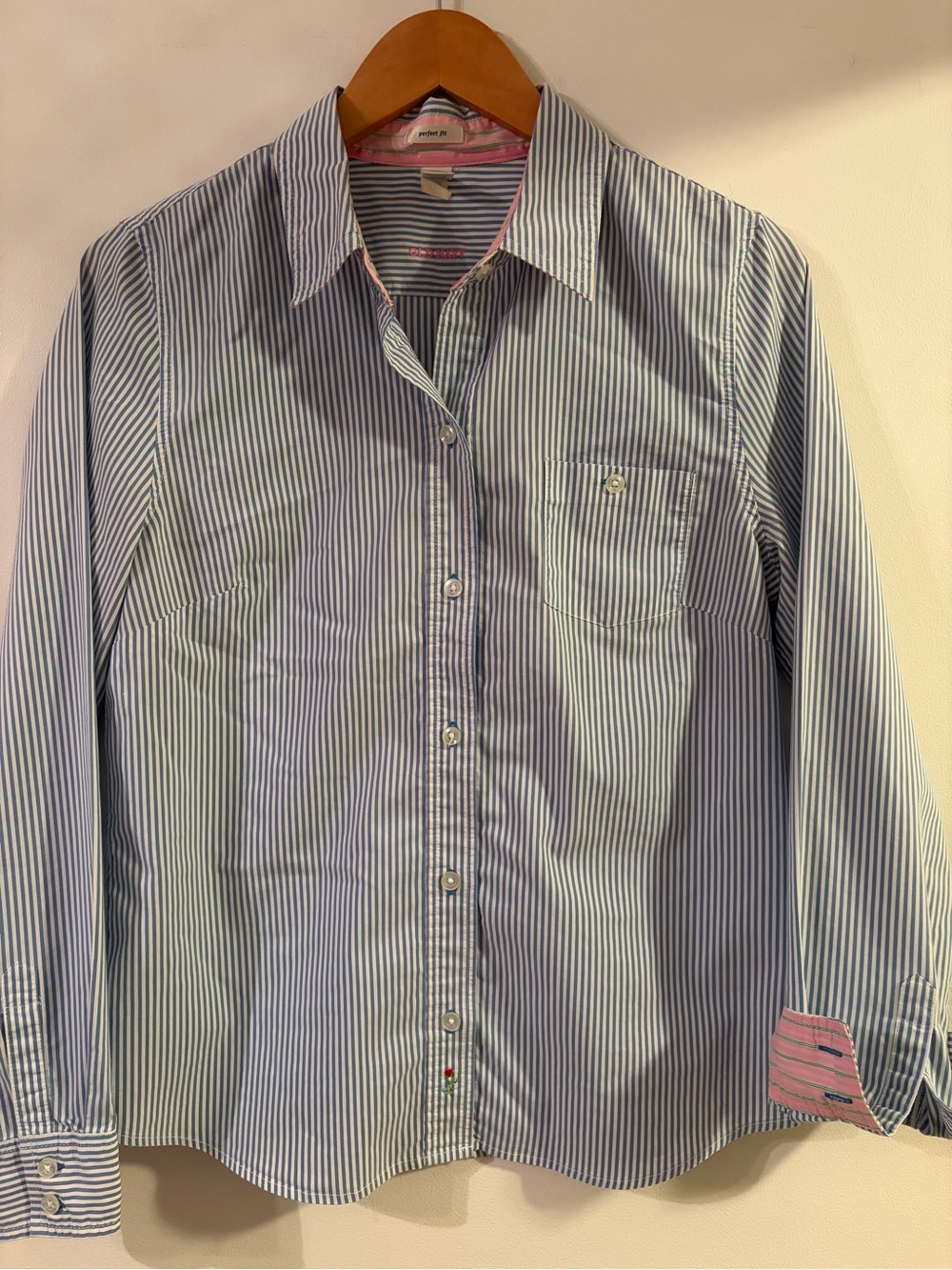 Old Navy Blue and White Striped Dress Shirt with Pink Trim